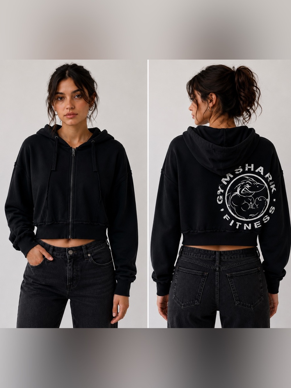 Gym shark black cropped full zip long sleeve hoodie sweatshirt gym workout shirt